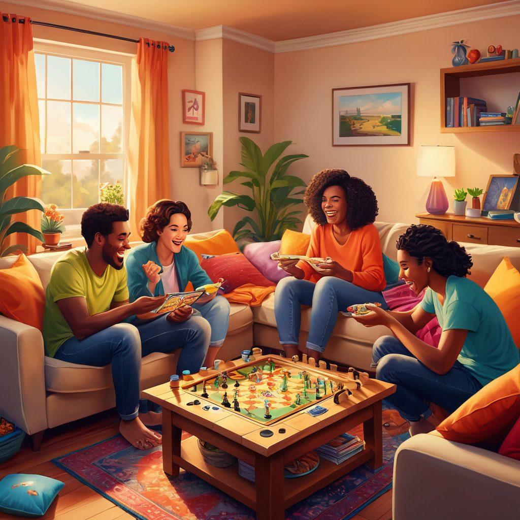 A colorful scene depicting diverse groups of friends joyfully playing various board games and video games in a cozy living room. Expressions of laughter and excitement should radiate from the players, showcasing their strong bonds and camaraderie. Include elements like snacks, cozy blankets, and playful decor to enhance the inviting atmosphere. Incorporate soft, warm lighting to evoke a sense of comfort and happiness. digital illustration. vibrant colors. warm ambiance.