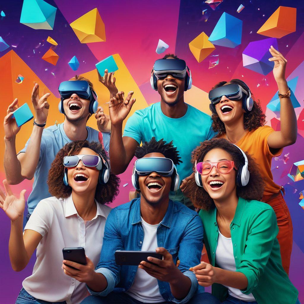 A vibrant scene showcasing a group of diverse friends engaging with modern interactive games, including VR headsets and mobile devices, all with joyful expressions. The background features colorful game elements like floating geometric shapes and digital landscapes, emphasizing fun and friendship. Include elements like laughter, teamwork, and excitement, creating an inviting atmosphere. super-realistic. vibrant colors. dynamic composition.