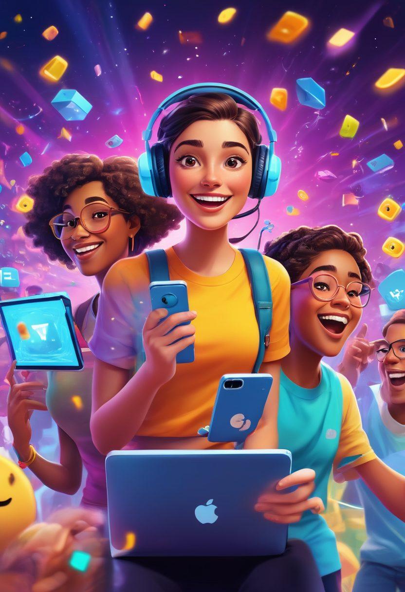 A vibrant illustration depicting a diverse group of people happily interacting via their devices in a bright, colorful virtual environment. Show elements of gaming, online classes, and video chatting through animated icons and glowing screens. Incorporate playful elements like emojis and digital confetti to emphasize joy and connection. The background should be filled with imaginative, tech-inspired motifs symbolizing innovation. cartoon style. vibrant colors. playful atmosphere.